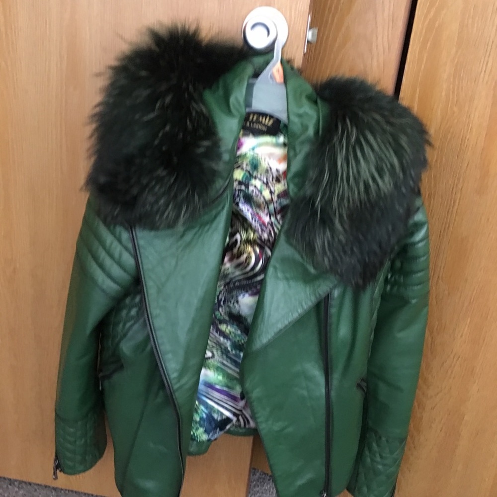 Leather jacket, removable hoodie, US size L, $220